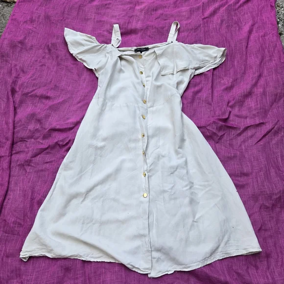 LINEN Ashley Stewart White Cold Shoulder Midi Dress - Picture 7 of 10